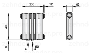 Схема (чертеж) Радиатор Zehnder Charleston 2040/5 №3470 Белый глянцевый RAL 9016